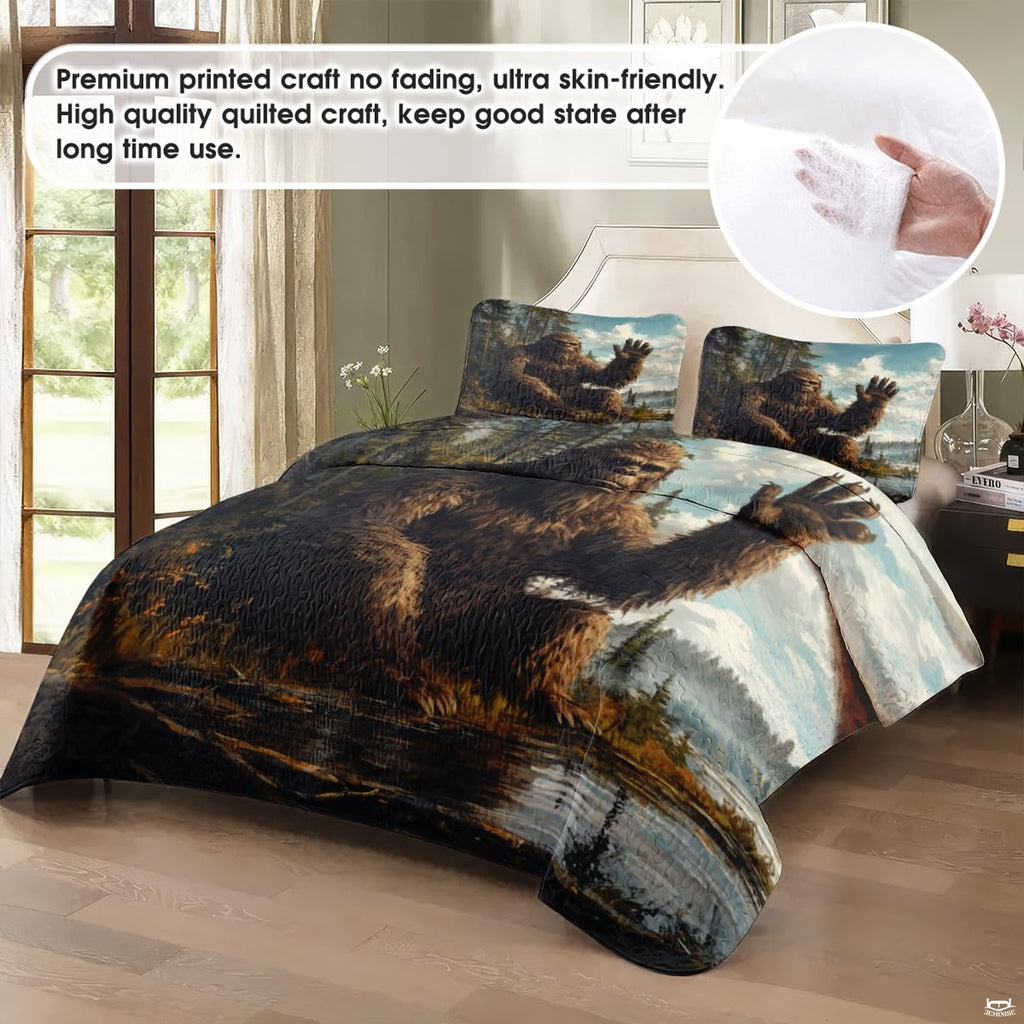 Close-up perspective of Bigfoot bedding showing weathered stars, stripes, and pine tree silhouettes