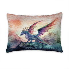 Pillow sham with winged blue dragon and softly layered mountains