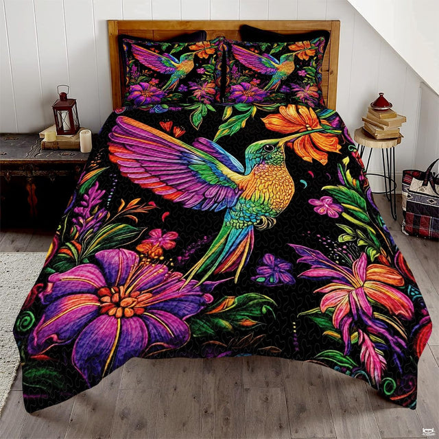 Rainbow hummingbird with magenta wings and neon tropical flowers on black