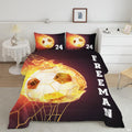 Fire soccer bedding featuring a flaming soccer ball bursting into a gold goal net on dark auburn backdrop