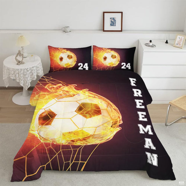 Fire soccer bedding featuring a flaming soccer ball bursting into a gold goal net on dark auburn backdrop