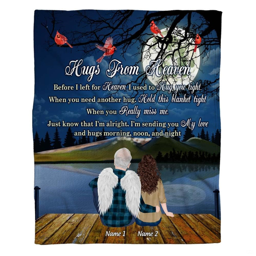 Memorial landscape with angel and loved one on dock under full moon with red cardinals, view 2.