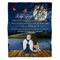 Memorial landscape with angel and loved one on dock under full moon with red cardinals, view 2.