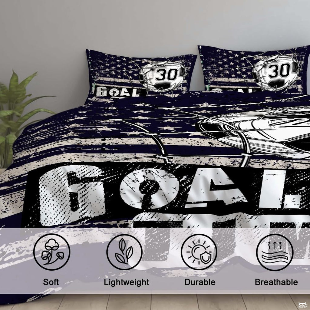 Matching pillowcase detail for athletic bedding set showcasing goal time soccer artwork and jersey numbering