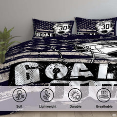 Matching pillowcase detail for athletic bedding set showcasing goal time soccer artwork and jersey numbering