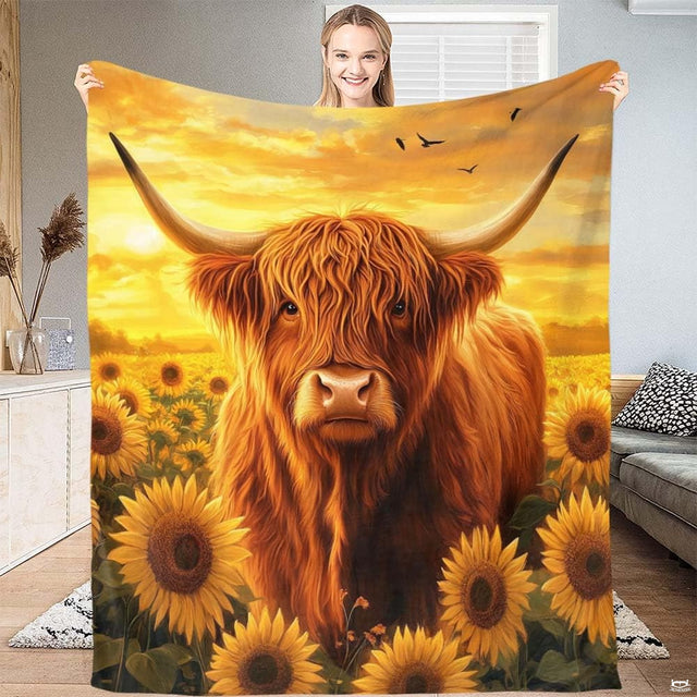 Highland cow centered in blooming sunflower field during a thematic accent golden sunset.