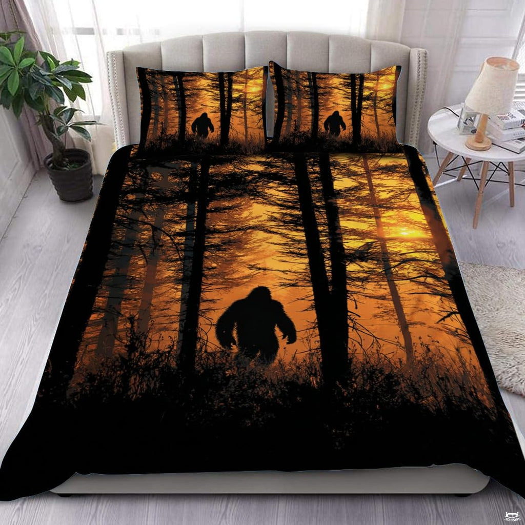 Golden sunset bigfoot silhouette bedding set showing a cryptid sasquatch walking across radiant amber horizon rings.