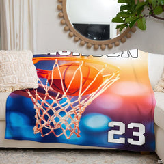 Basketball swishing through hoop and net with stadium lighting, view 6.