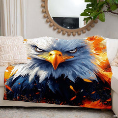 Detailed artistic graphic of piercing eagle eyes surrounded by explosive yellow and orange effects.