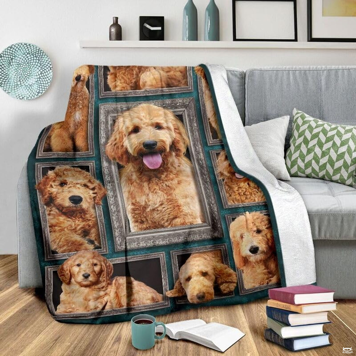 Side perspective of carved silver picture frames on canine blanket