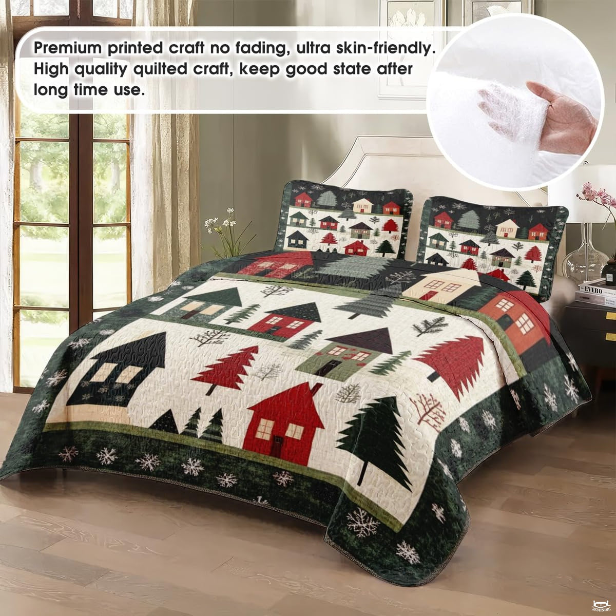 Overhead view of rustic folk-art cabin scenery and falling snowflakes on country house bedding.