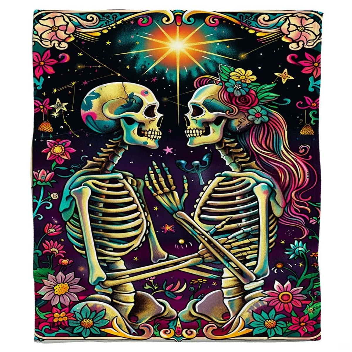 Sugar skull skeleton lovers throw blanket draped over living room sofa
