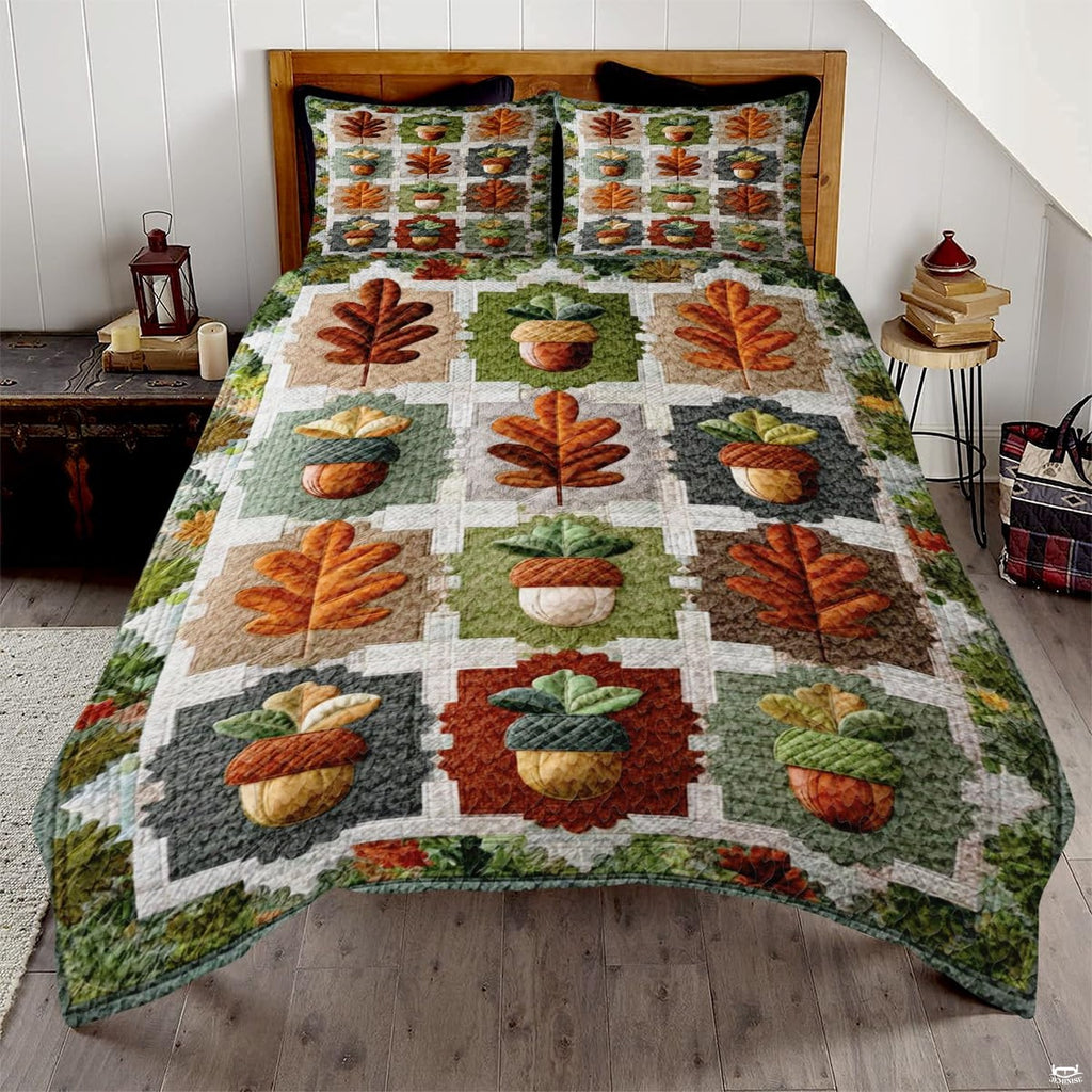 Olive green and amber autumn oak leaf bedding set featuring forest acorns and foliage in rustic patchwork tiles.