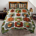 Olive green and amber autumn oak leaf bedding set featuring forest acorns and foliage in rustic patchwork tiles.