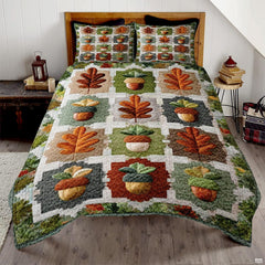 Olive green and amber autumn oak leaf bedding set featuring forest acorns and foliage in rustic patchwork tiles.