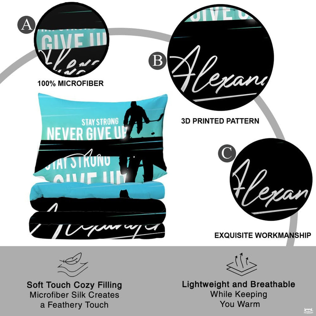 Coordinated pillow accent art highlighting vivid cyan rink details for an energetic ice hockey bedroom theme.