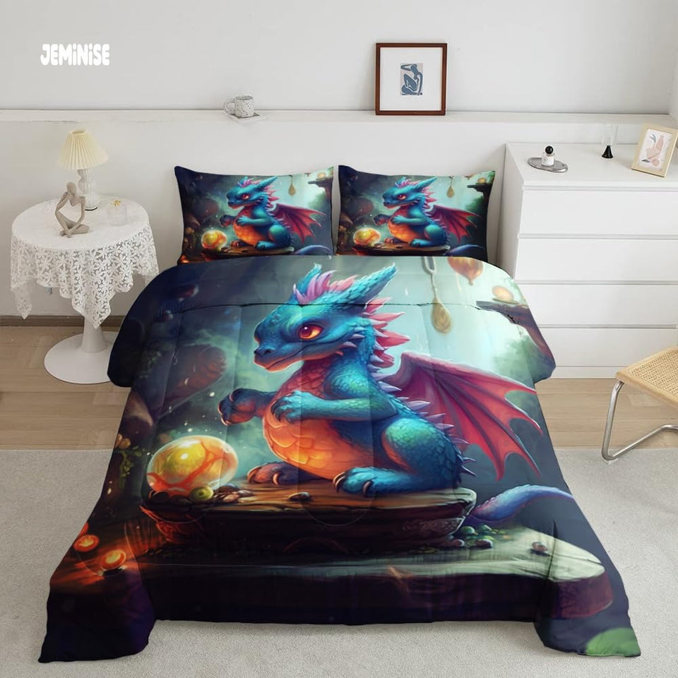 Jeminise Cute Baby Dragon Comforter Set, Fantasy Bedding