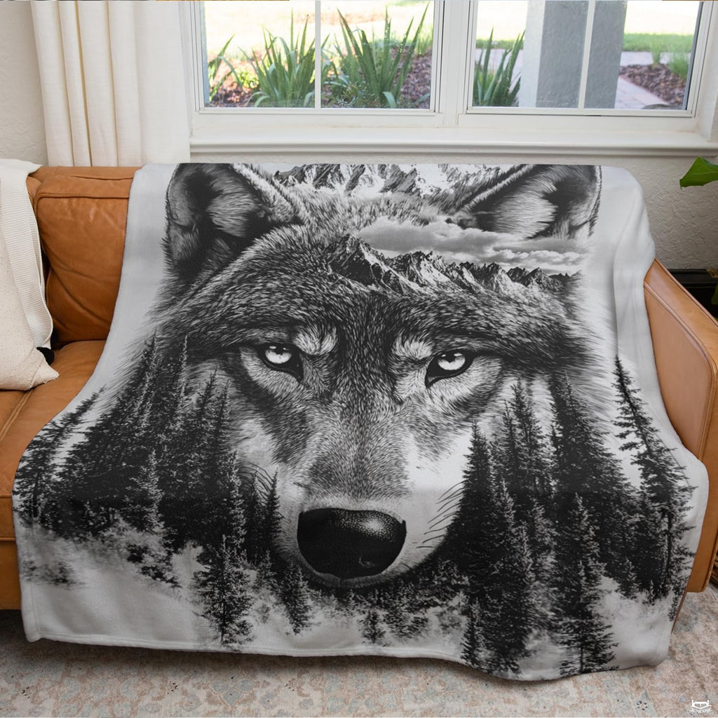 Overhead perspective of double bedding sets white design featuring artistic mountain wolf scenery.