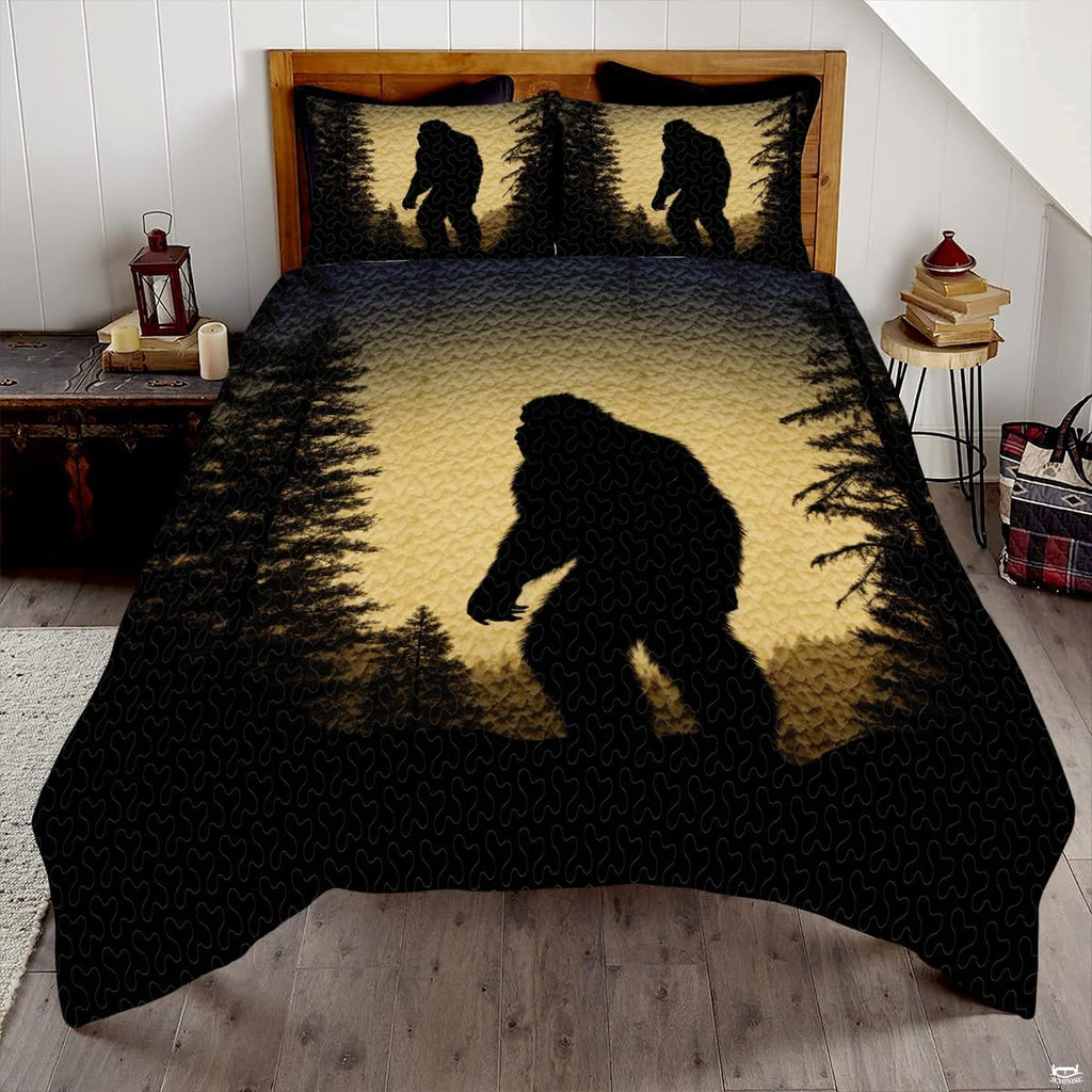 Vintage mustard Bigfoot Sasquatch woodland bedding set displayed on a bed in a rustic timber bedroom