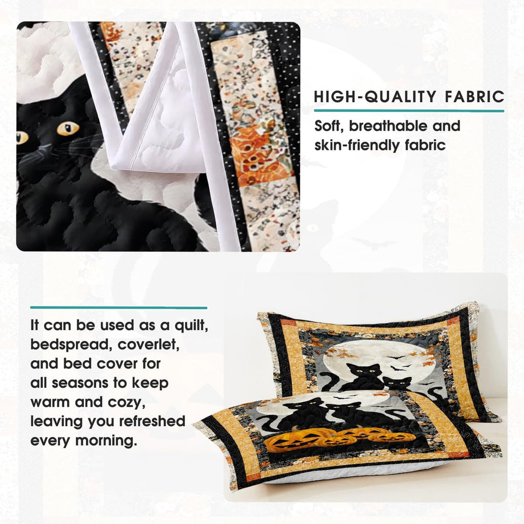 Gothic bedroom styling of monochrome black cat bedding set arranged on a bed frame with coordinated spooky decor.