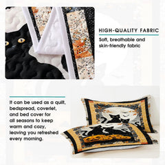 Gothic bedroom styling of monochrome black cat bedding set arranged on a bed frame with coordinated spooky decor.