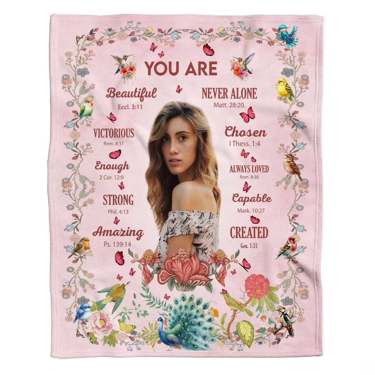 Botanical songbird and peacock scripture faith blanket showing garden birds and peacock view 4