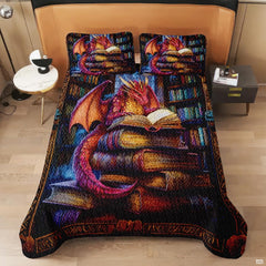 Overhead view of a colorful dragon reading in a library