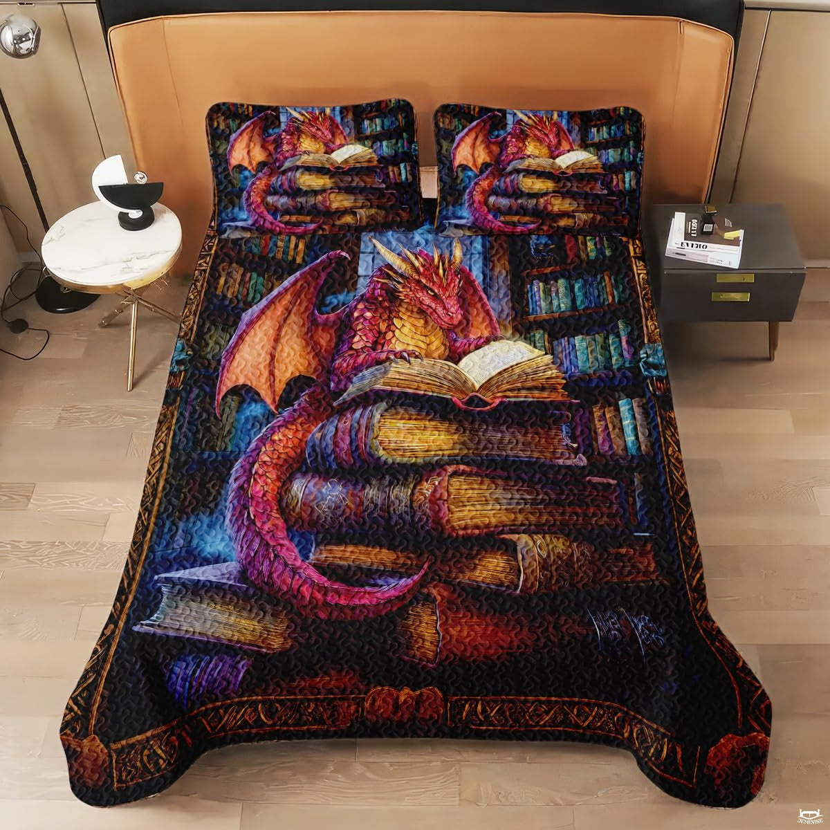 Overhead view of a colorful dragon reading in a library