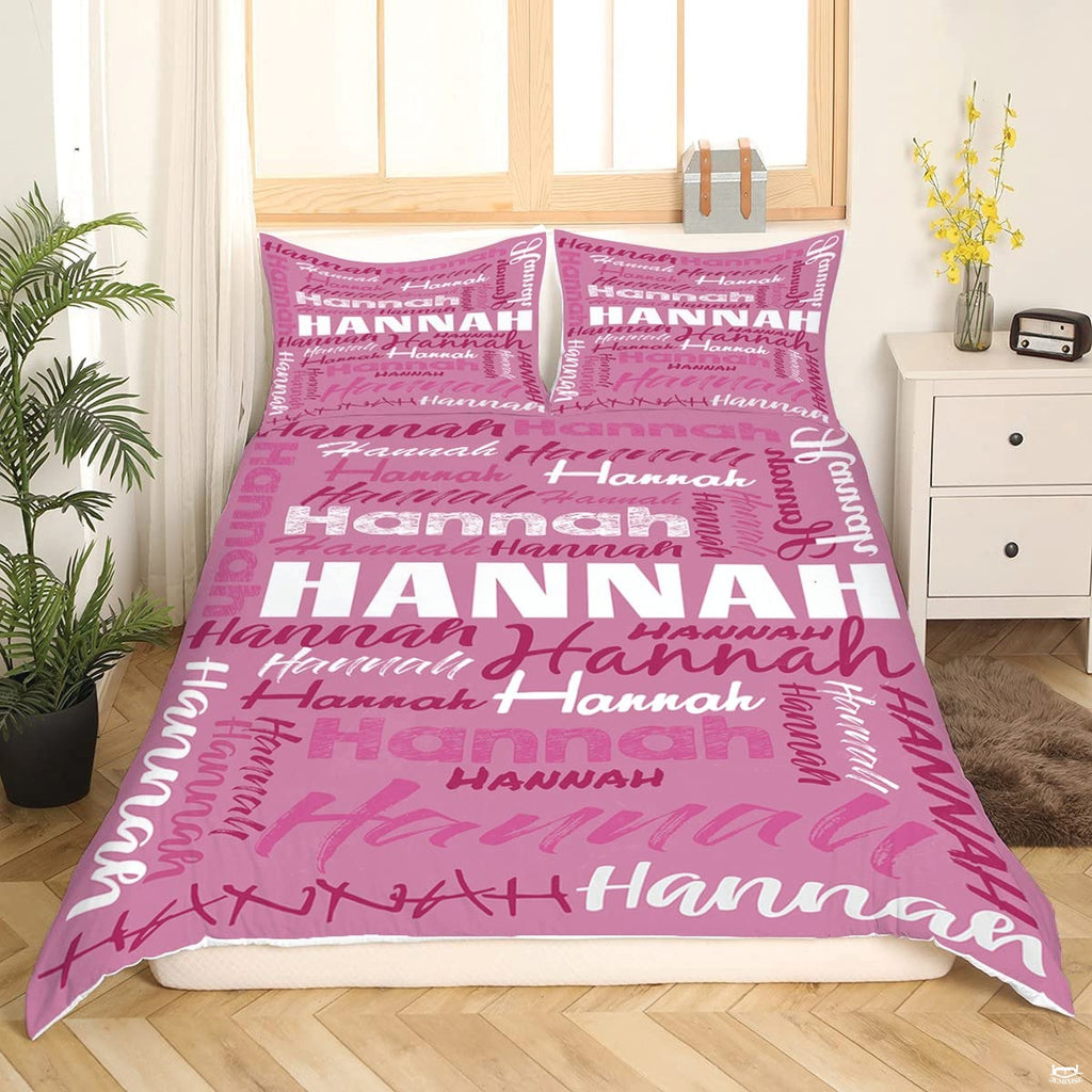 Matching pillow sham detail for typography bedding set displaying dense multi-font lettering in bedroom setting