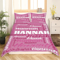 Matching pillow sham detail for typography bedding set displaying dense multi-font lettering in bedroom setting