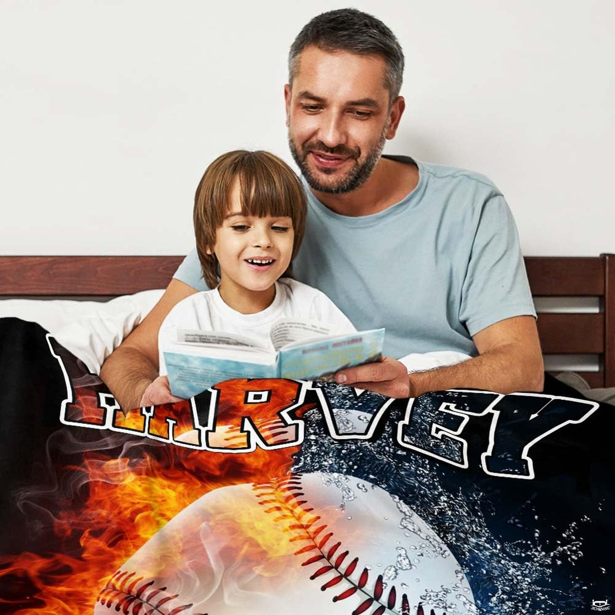 Angled view highlighting the vibrant split fire and ice baseball graphic on a bedroom display.