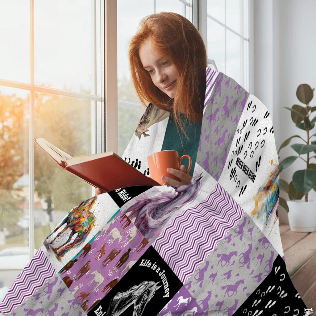 Lavender equestrian horse patchwork collage graphic blanket showing watercolor portraits and chevrons view 2
