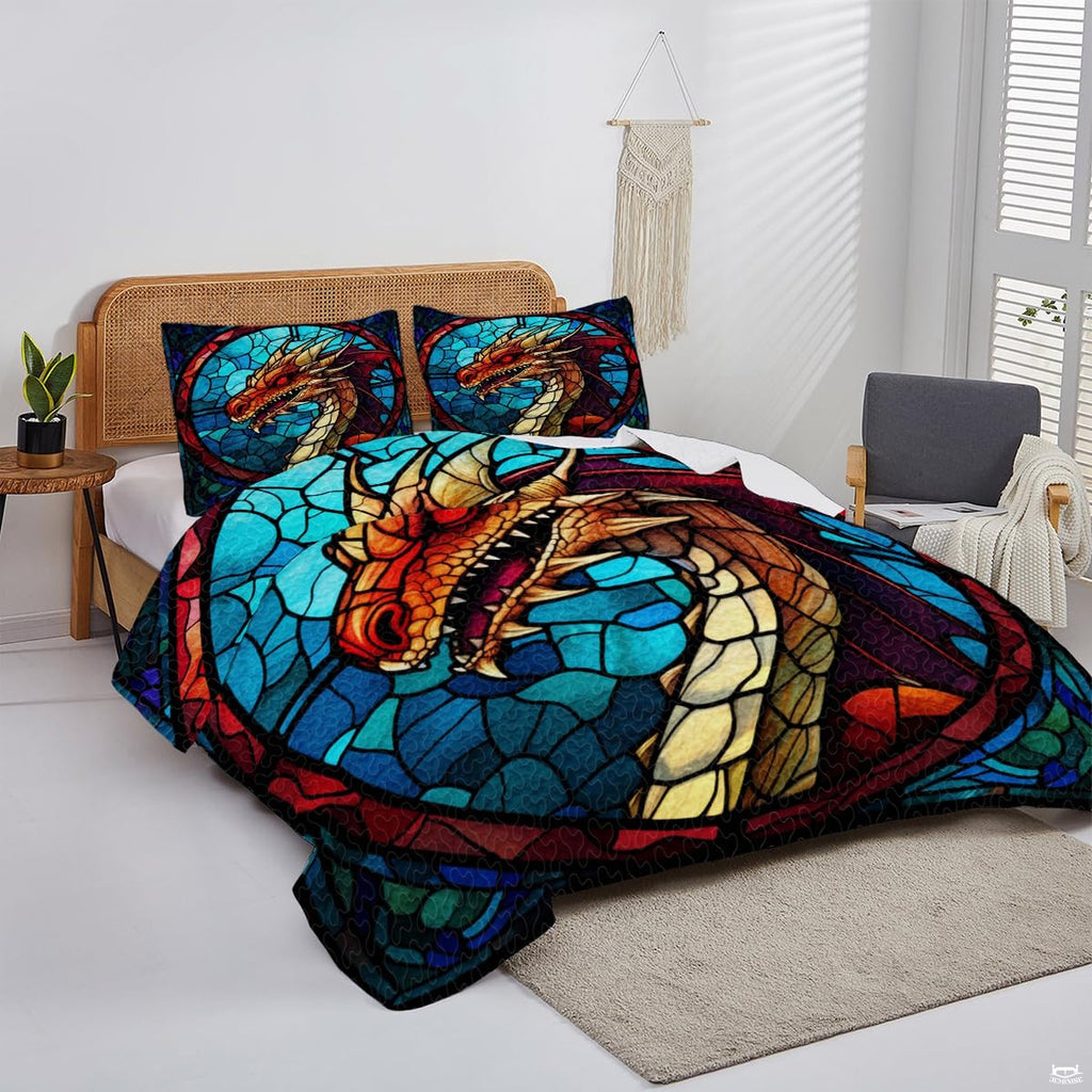 Stained glass dragon bed artwork shown in a bright modern bedroom
