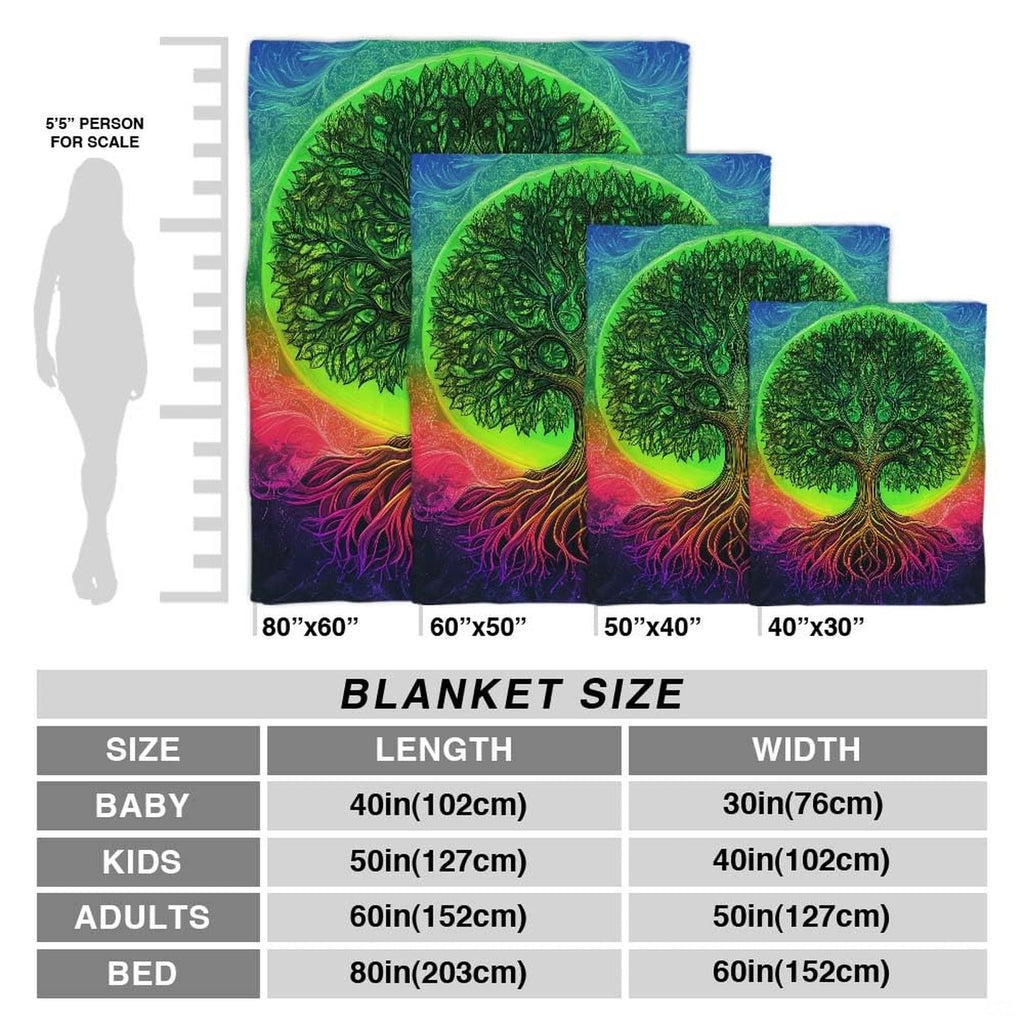 Neon green Tree of Life throw blanket spread smoothly over contemporary bed in modern boho bedroom