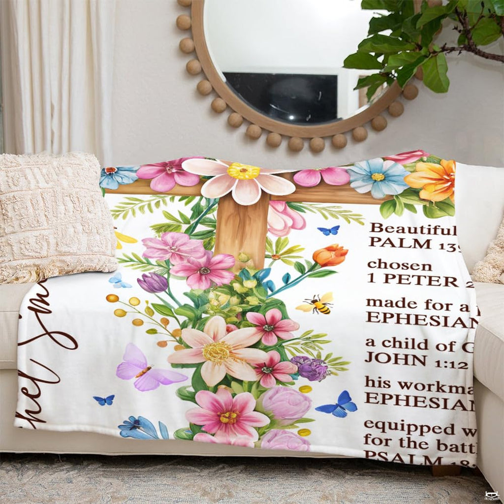 Graphic overview of floral cross faith blanket features and attributes.