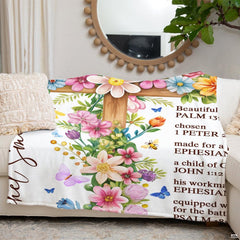Graphic overview of floral cross faith blanket features and attributes.