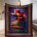 Red dragon reading an open spellbook atop antique books on a fantasy bedding set.