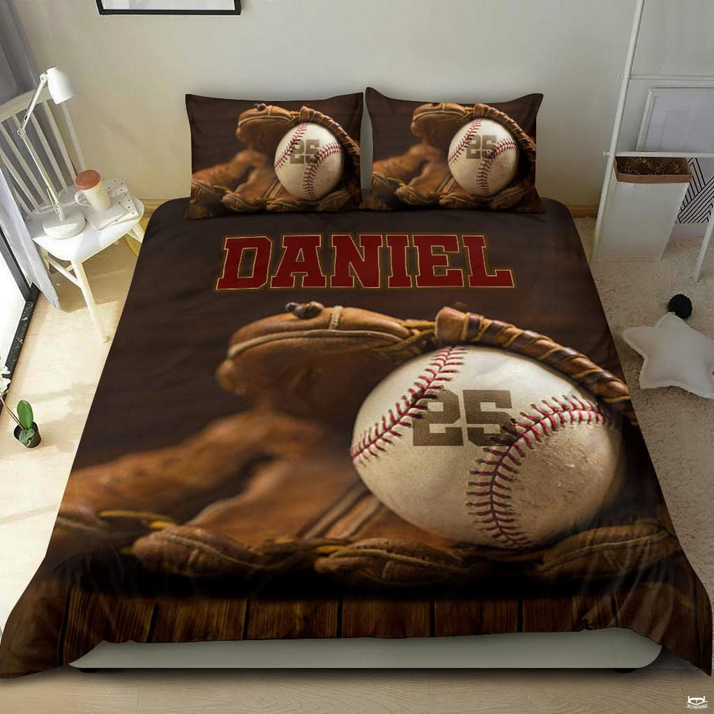 Rustic mahogany baseball diamond athletic sports bedding set displayed on a bed in a modern room