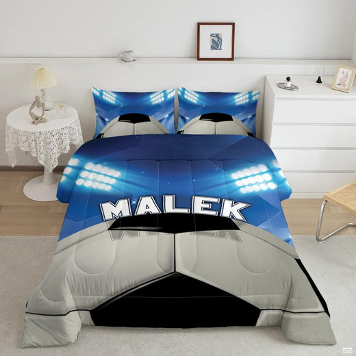 Stadium lights soccer bedding displaying oversized soccer ball graphic illuminated by bright arena floodlights