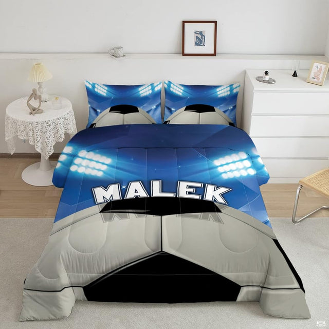 Stadium lights soccer bedding displaying oversized soccer ball graphic illuminated by bright arena floodlights
