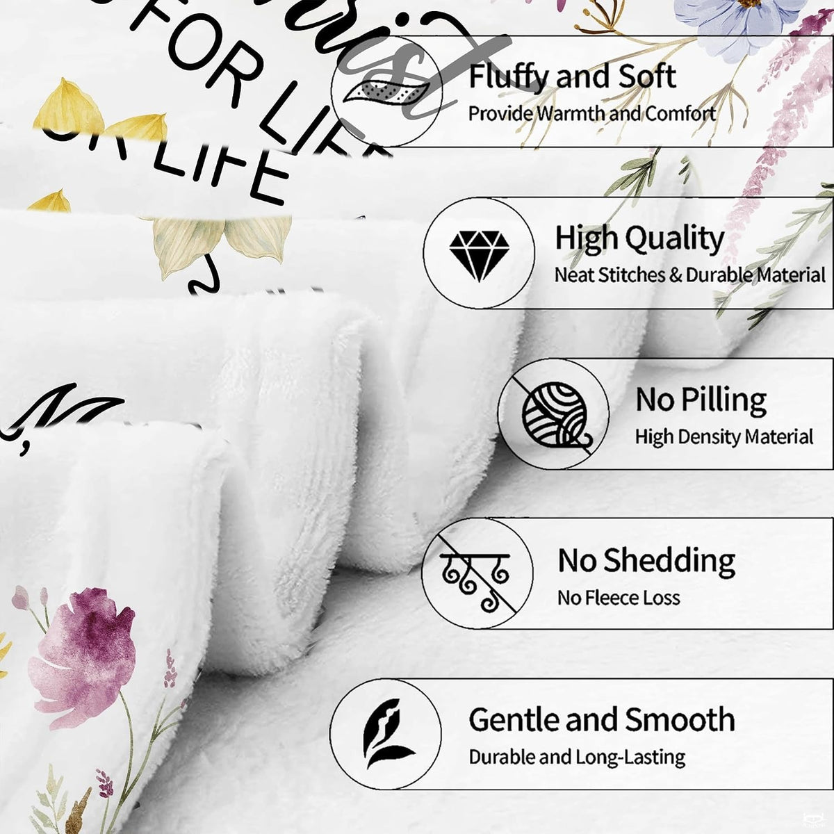 Artistic depiction of botanical border flora and whimsical butterfly motifs across a bright bed setup.