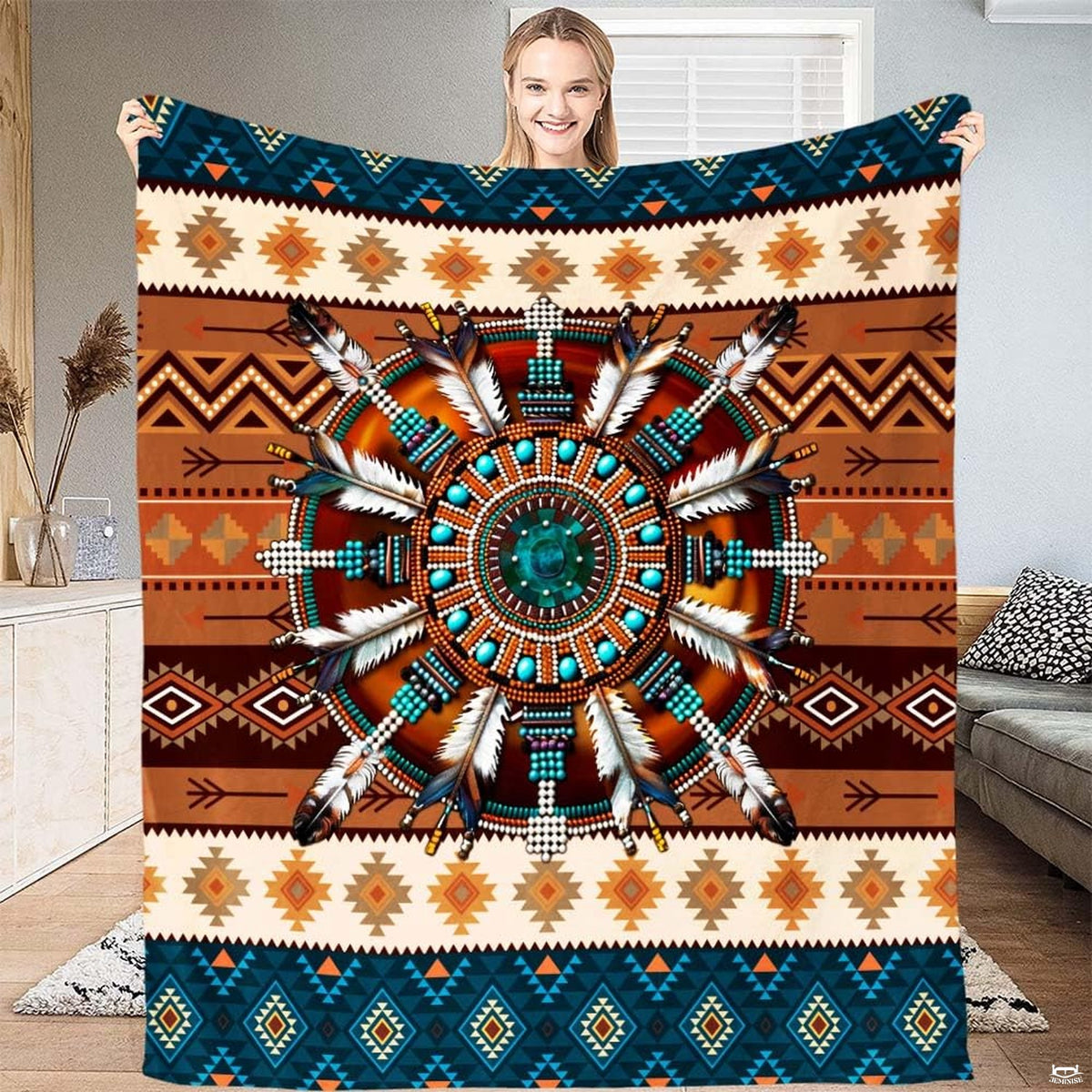 Turquoise boho bedding set showcasing Southwestern beaded rosette artwork and geometric tribal motifs.