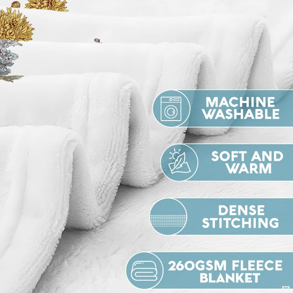 Floral bed cover artwork displaying slender stems and cursive typography against white.