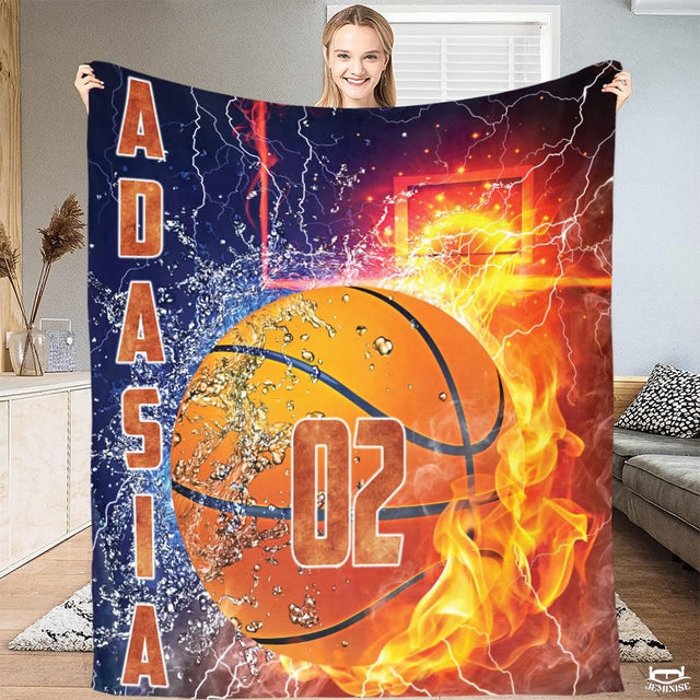 Personalized Basketball Fire and Water Splash Blanket with Name and Number