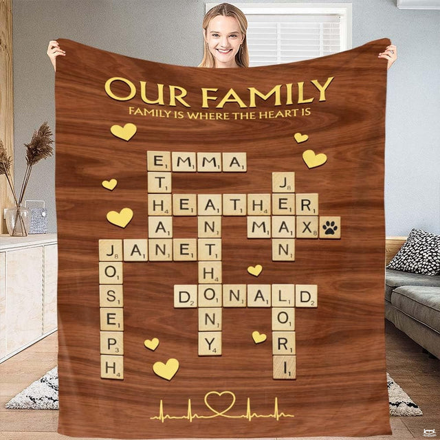 Crossword letter tiles blanket featuring interlocking wooden alphabet tiles and golden accents on timber.