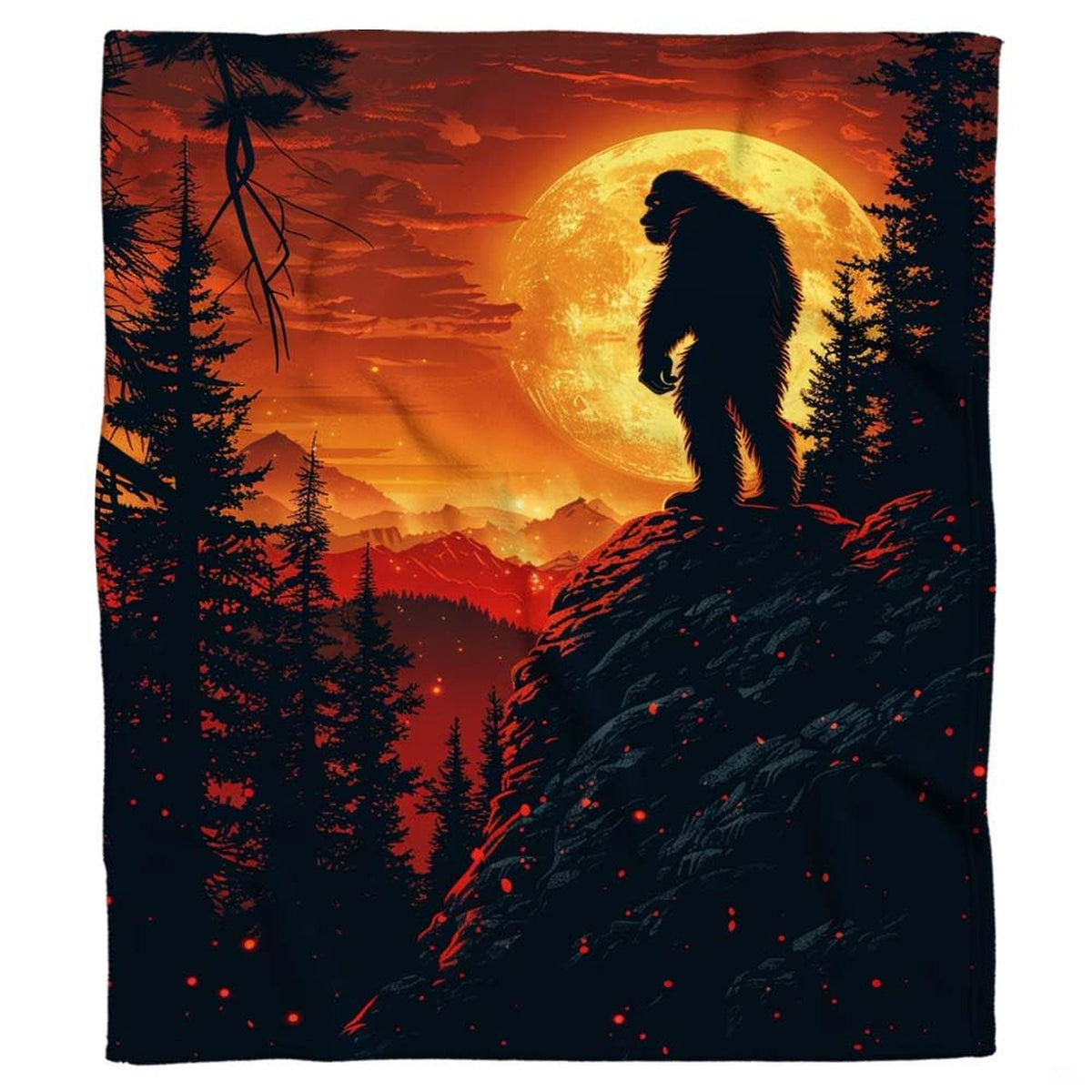 Full display of Bigfoot cliff harvest moon throw blanket laid flat on light wooden floor