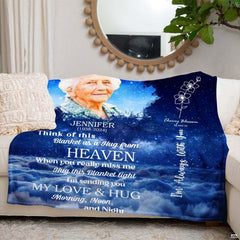 Serene memorial portrait design with celestial blue atmosphere and delicate floral graphics styled on living room furniture