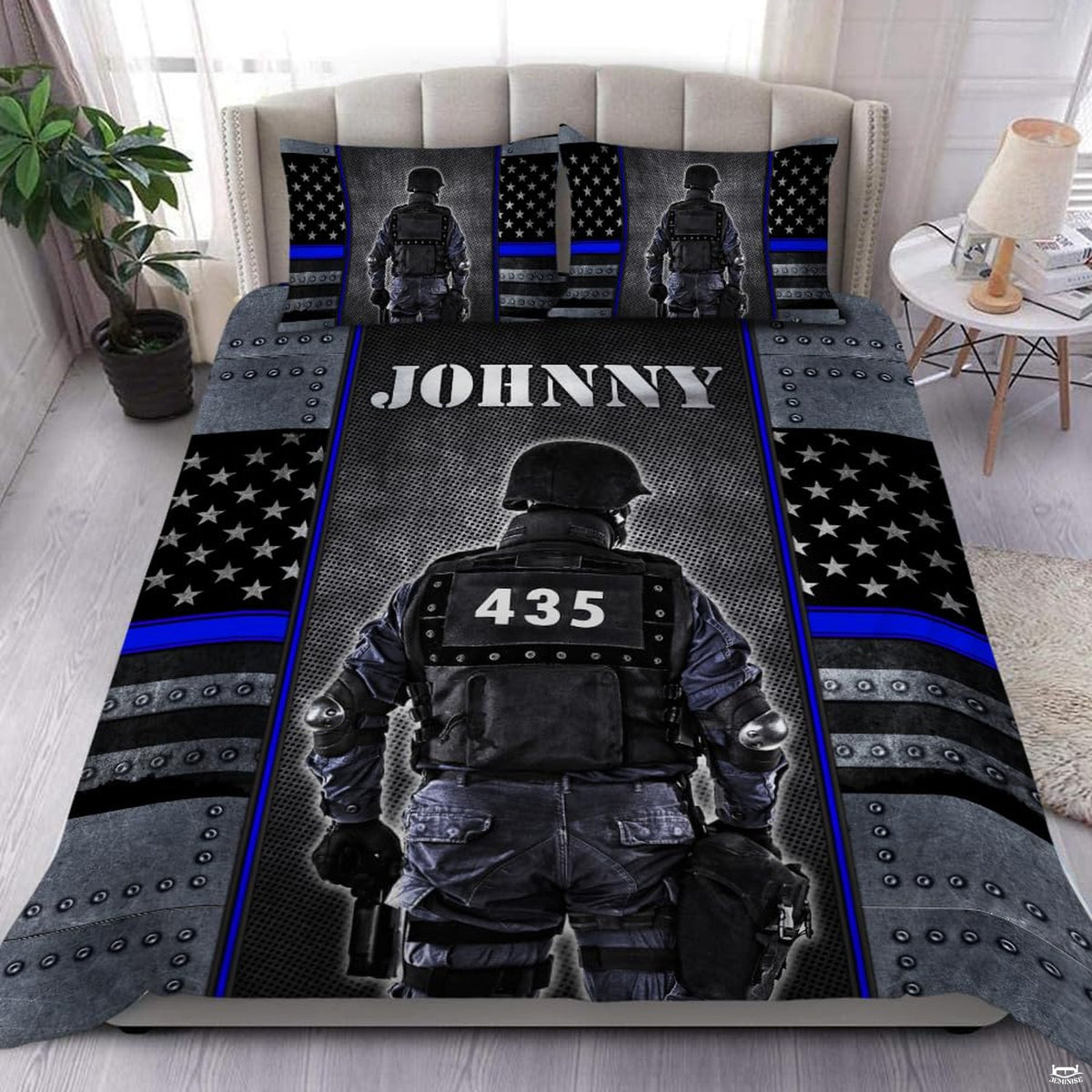 Rear-facing tactical figure on a perforated metal panel with blue stripes, stars, and riveted flag details