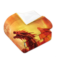 Bedroom styling of golden flame dragon bedding set displayed on a mattress with neutral decor.
