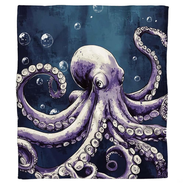 Stylized ocean kraken illustration in shades of lavender and violet across bedding.